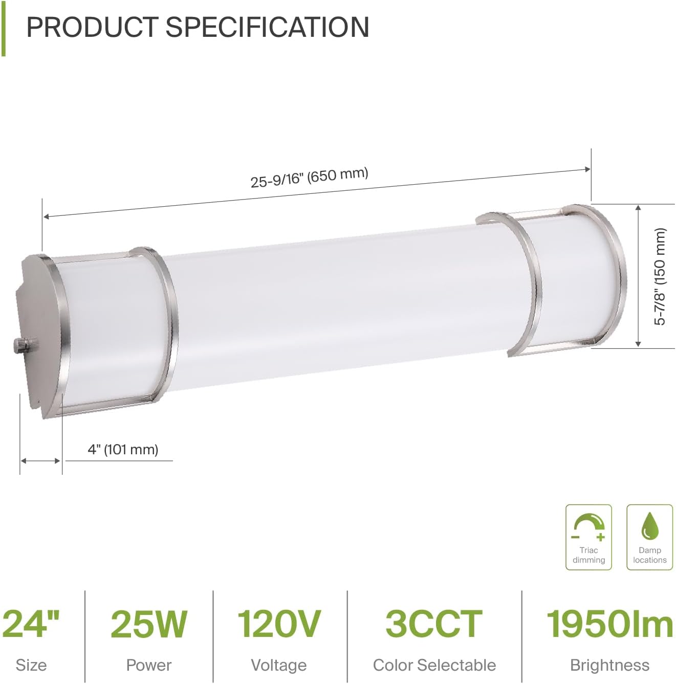 Lampara LED de 61cms de 25 W, 120 V, 1950 LM, 3000 K/4000 K/5000K, regulable.