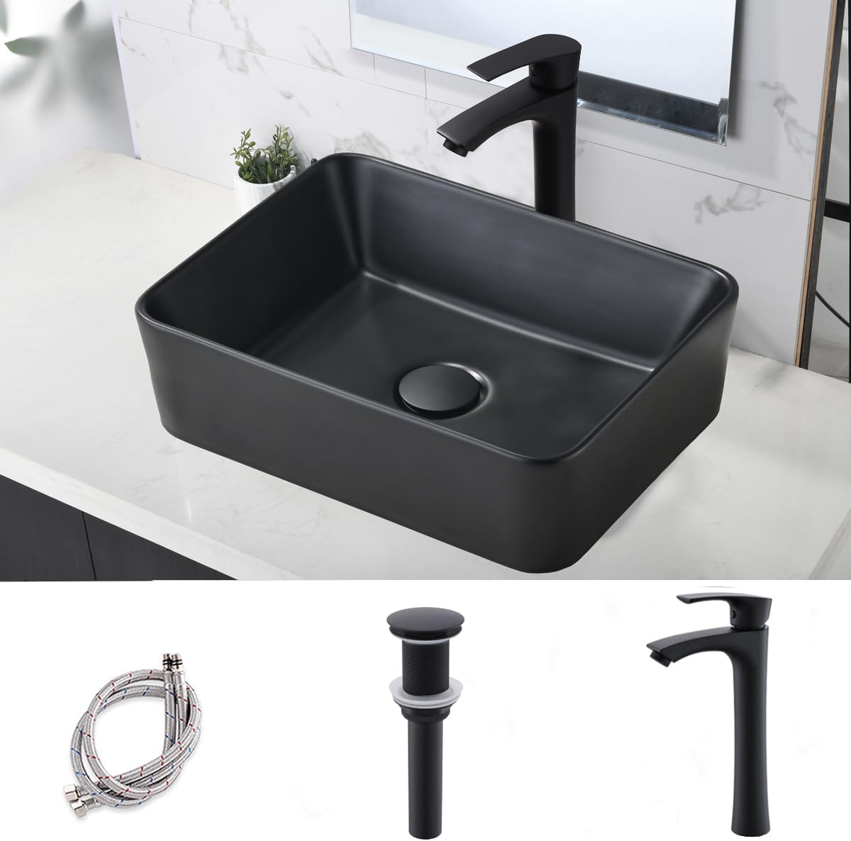 Lavatorio rectangular para baño con grifo y drenaje, color negro.