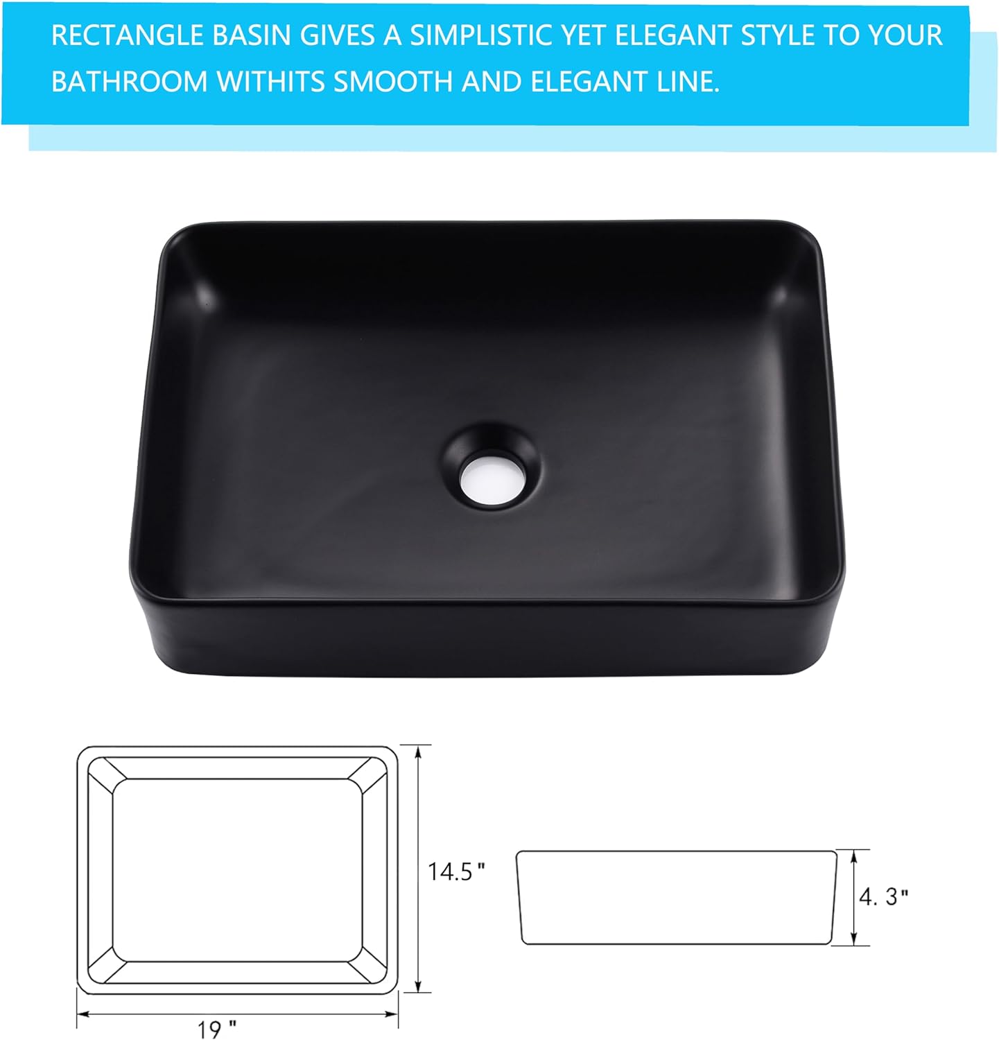 Lavatorio rectangular para baño con grifo y drenaje, color negro.