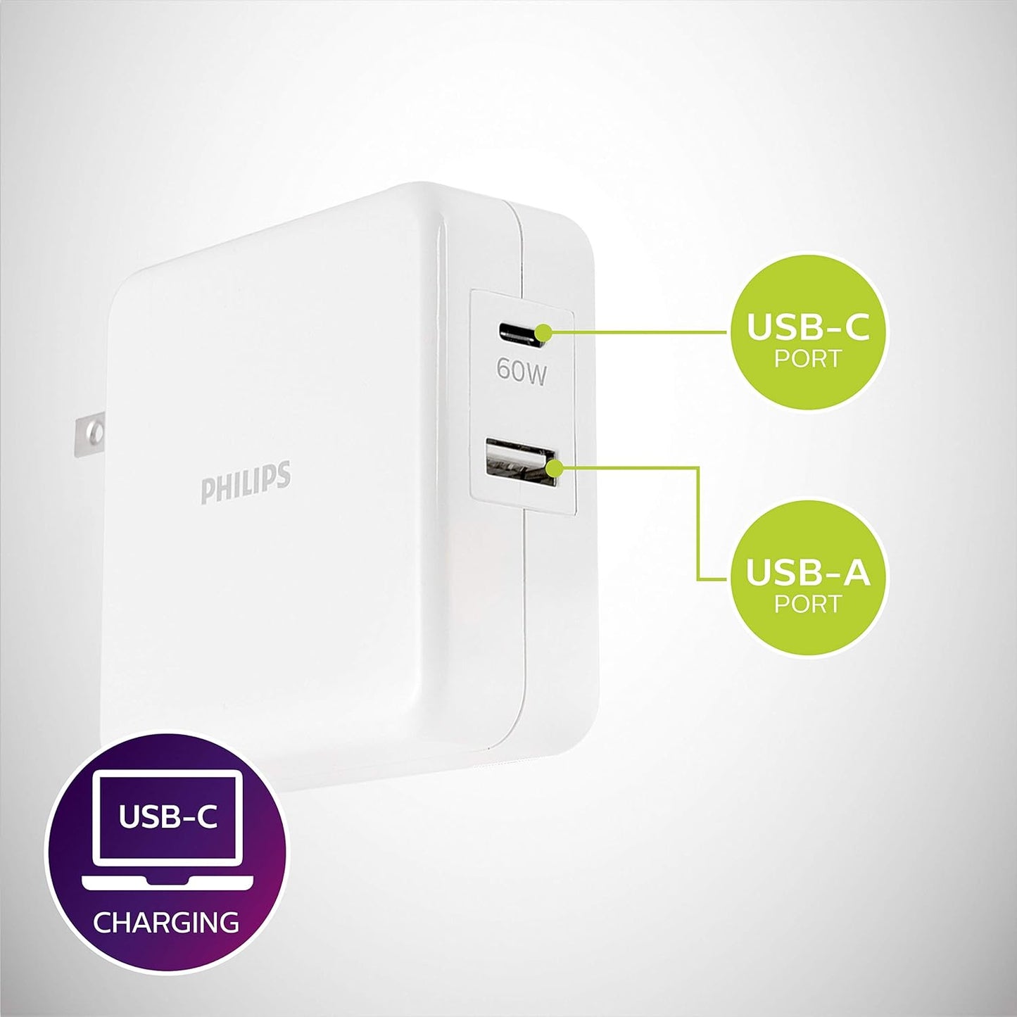 Cargador USB/USB-C de 60Watt para laptop y dispositivos mobiles con compatibilidad universal.