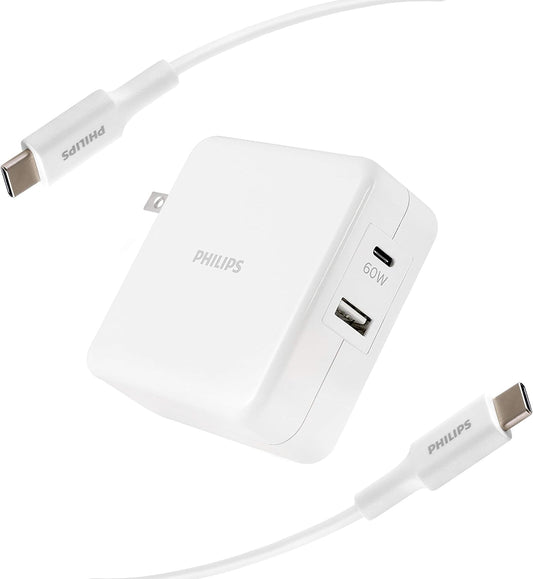 Cargador USB/USB-C de 60Watt para laptop y dispositivos mobiles con compatibilidad universal.