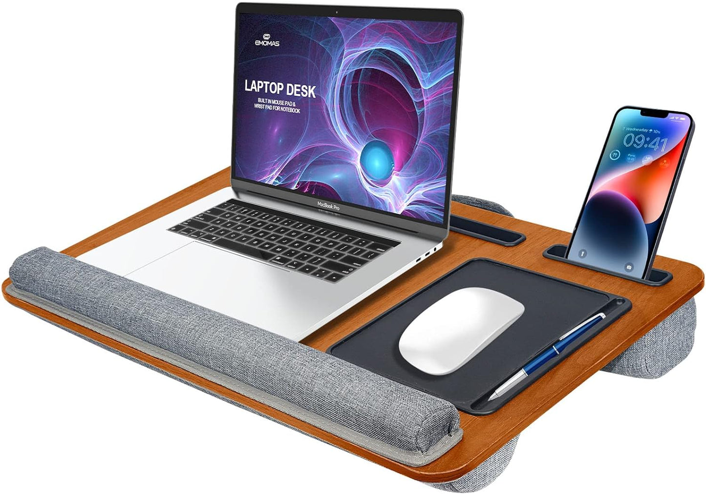 Escritorio de regazo multifuncional para laptop y tablets, con mouse pad y almohadilla para muñeca