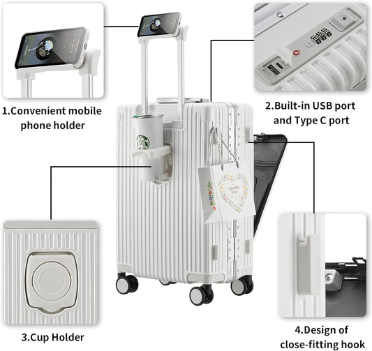 Maleta de viaje con puertos de carga USB y 3 cerraduras aprobadas por la TSA, sin ziper.