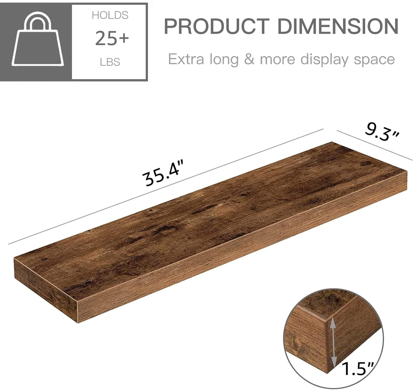 Estantes flotantes de madera estilo rustico color marron. 91.4cms x 22.86cms.