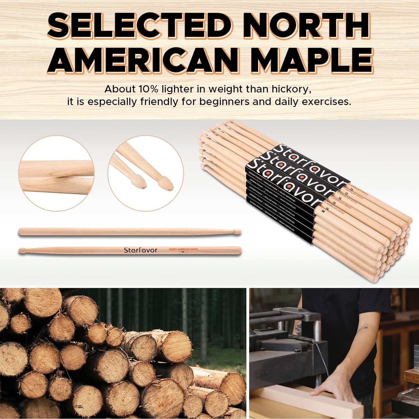 Bolillos para bateria de madera de maple americano, disponibles en 5a y 5b. Starfavor