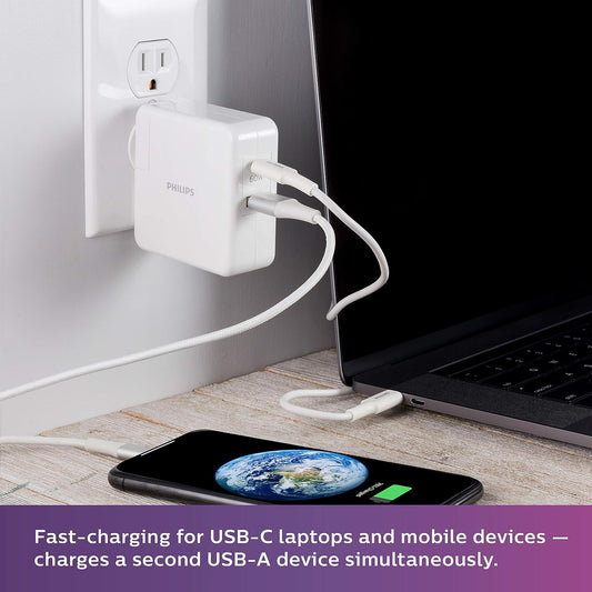 Cargador USB/USB-C de 60Watt para laptop y dispositivos mobiles con compatibilidad universal.