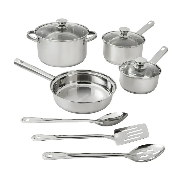 Juego de ollas y utensilios de cocina de 10 piezas de acero inoxidable. Mainstays