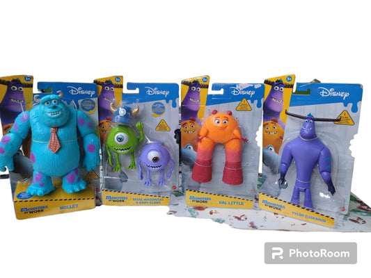 Figuras articuladas originales de Monsters at work, Sulley,Mike Wasowski, Gary Gibbs, Tylor Tuskmon y Val Little. Mattel Pixar