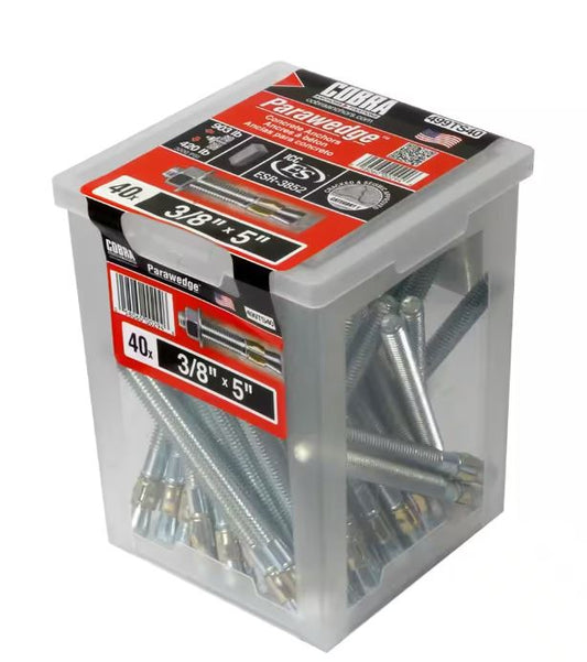 Caja con 34 anclajes de cuña de 3/8 x 5¨ para concreto. Cobra Parawedge